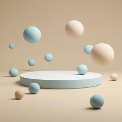 Pastel Spheres Floating Around a Podium Stage with a Neutral Background, Ideal for Product Showcase and Presentation, Clean and Minimalist Composition