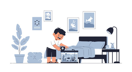 Boy Caring For His Fish Tank In Bedroom Illustration Interior Design