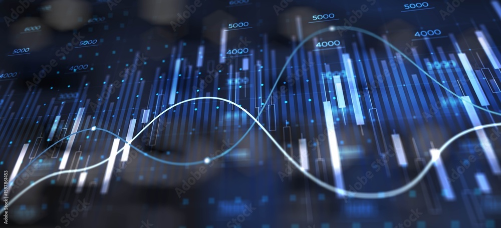 Poster digital data trends and financial analytics illustrated with dynamic charts.