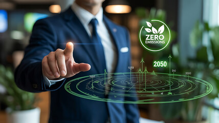 Businessman in suit interacting with a futuristic holographic interface displaying environmental sustainability data and zero waste icon