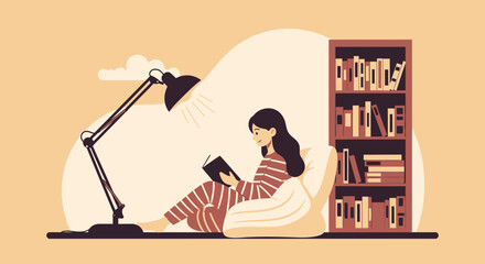 Cozy Evening Reading A Book In Comfortable Pajamas With Lamp Light