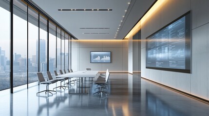 meeting room with digital charts on wall and clean table, glass partitions, professional environment, minimalistic style, side-angle shot