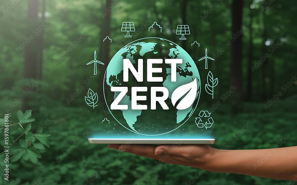 Poster hand holding tablet displaying net zero emissions concept with global icons and lush green forest ba