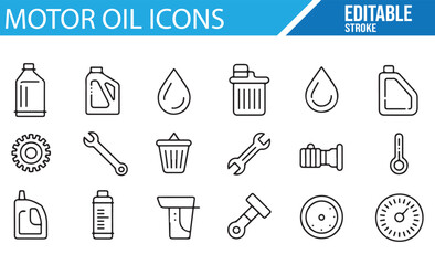 Collection of Motor Oil Icons Featuring Bottles, Droplets, and Tools for Car Maintenance