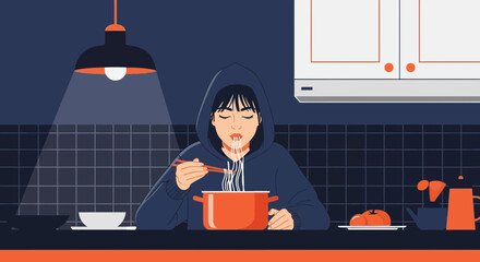 Cozy Evening With Noodles At Home In Minimalist Style Illustration
