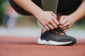 A detailed view of hands tying laces on a pair of running shoes, representing preparation and...