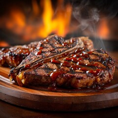 Grilled Steak with BBQ Sauce and Steam on Wooden Plate