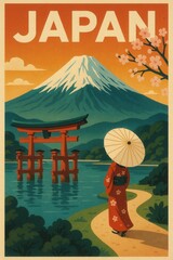 Japanese travel poster showing woman in kimono with parasol walking near lake and Torii gate with cherry blossoms and Mount Fuji in spring setting
