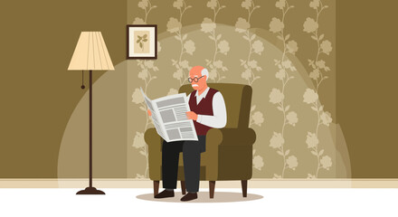 Elderly Man Relaxes In Armchair Reading The Daily News At Home