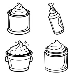 Illustration of four cosmetic containers including jars and a pump bottle in black and white style