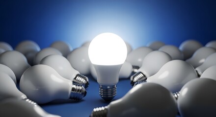 One brightly lit led light bulb stands out among many dim bulbs.