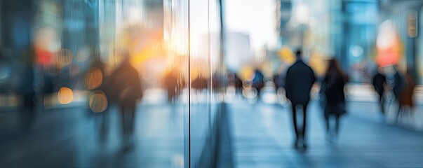 Blurry city street scene with pedestrians
