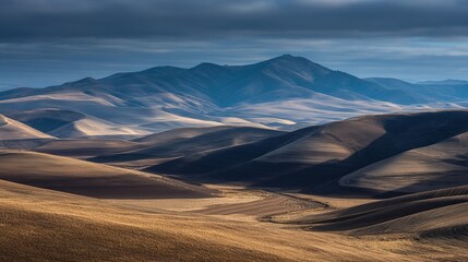 Dramatic, sun-drenched valley nestled amongst rolling hills and imposing mountains under a brooding sky; shadows accentuate the landscape's contours and textures