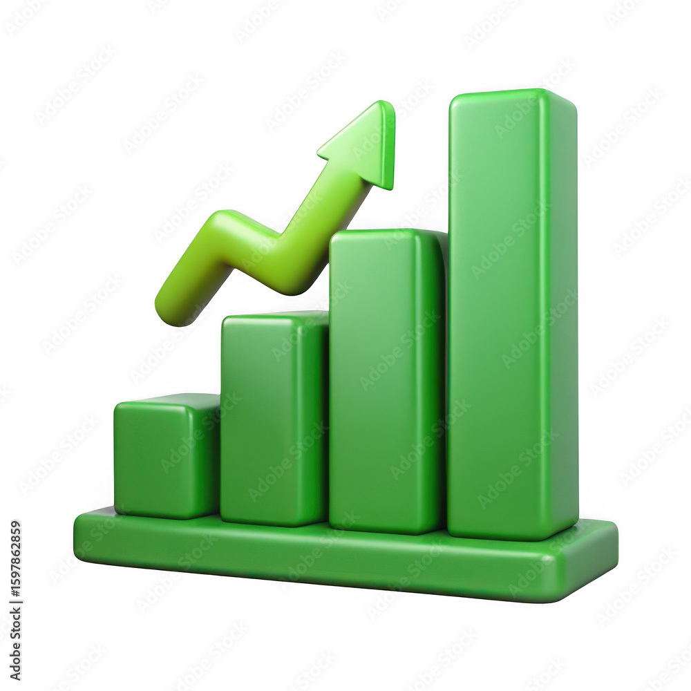 Poster 3d green bar chart with upward arrow isolated on transparent background