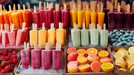 Vibrant assortment of artisanal fruit popsicles and fresh fruit display