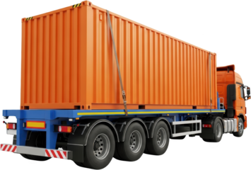 Orange shipping container on a truck with multiple axles secured with straps isolate