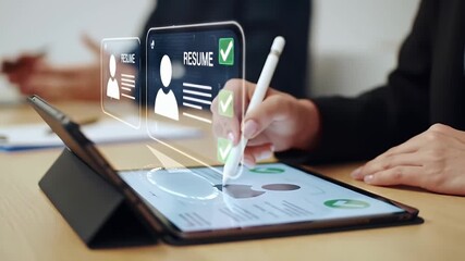 Person Reviews Resume on Tablet with Stylus Showing Abstract Resumes and Evaluation Circles at Desk in Office Scene