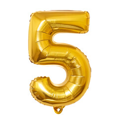 Golden number 5 light years, isolated balloon on transparent background. Foil helium balloon in PNG format.