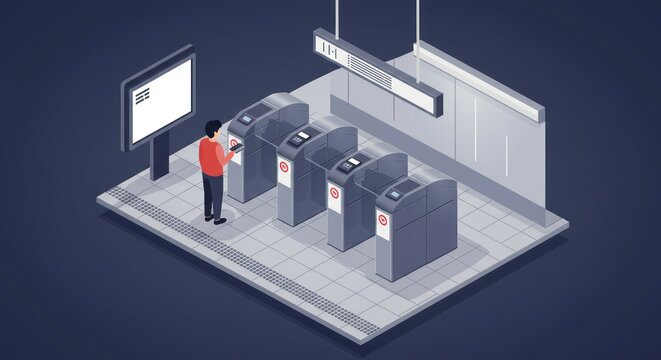 Passenger using a smartphone for contactless payment at a modern subway station turnstile. Isometric vector illustration of smart public transit.
