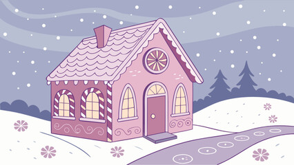 Fototapeta premium Cute winter scene illustration of a pink gingerbread house in a snowy landscape art drawing