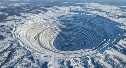 Frozen Depths: A Diamond Mine Carved Into a Snowy Landscape,A Vast, Snowy Open-Pit Mine Plunges into the Earth's Icy Embrace