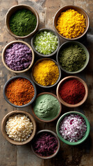 Fototapeta premium Exploring colorful spices and seasonings for plant-based cuisine in a rustic kitchen