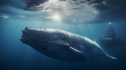 Majestic humpback whale gracefully glides beneath the ocean surface near a vessel