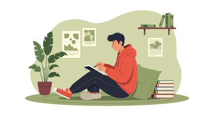 Cozy Study: A Young Man Engaged in Reading and Writing at Home