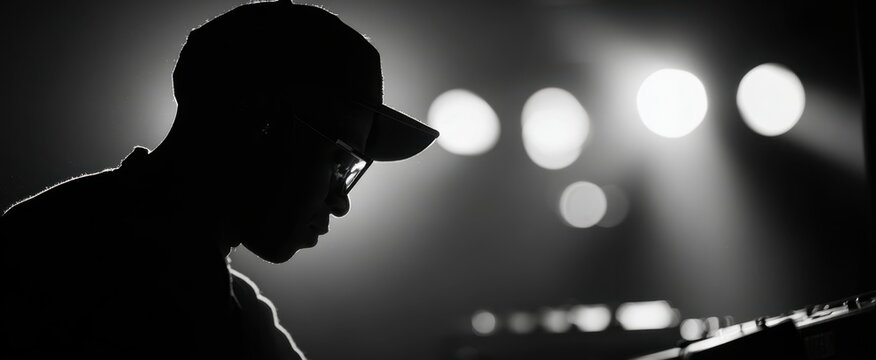 The silhouette of a musician performing at a live concert under dramatic lighting.