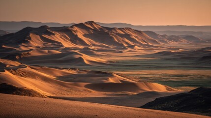 Naklejka premium Rolling sand dunes bathed in warm sunset light, stretch across a vast desert landscape, giving way to a flat, green valley in the distance, under a hazy sky