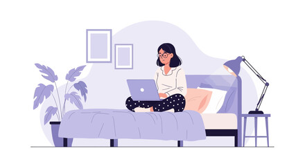 Girl Working On Laptop At Home In Bed Wearing Pajamas Concept