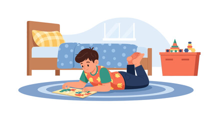 Obraz premium Boy Playing Puzzle On Carpet In Bedroom Surrounded By Toys Illustration