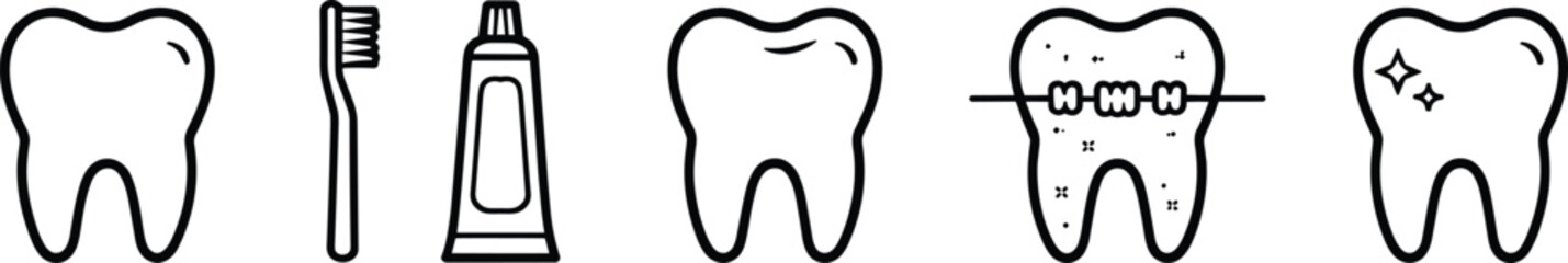 Set of Dental Hygiene and Oral Care Line Icons, Featuring Tooth, Toothbrush, Toothpaste, Braces, and Clean Tooth Symbols for Dentistry.