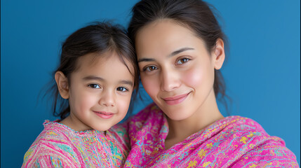 Emotional and tender mother-child portrait featuring a Pakistani woman in dupatta and shalwar kameez beside her cheerful young child, radiating familial love and cultural pride with soft, warm lightin