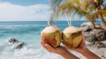 Refreshing coconut water at a tropical beach getaway promising vacation bliss