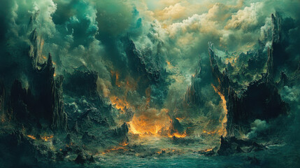 Obraz premium Dark Fantasy Landscape with Burning Ruins and Stormy Sky