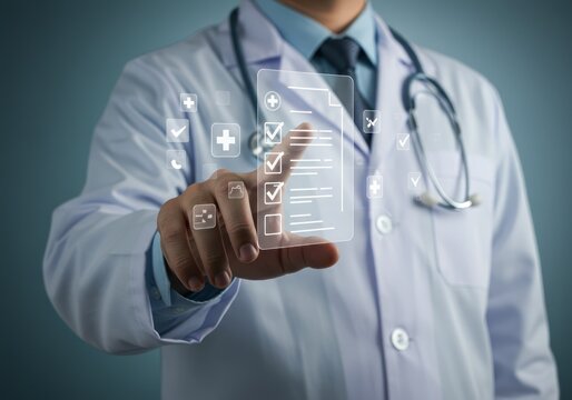 Physician managing electronic health records on a transparent digital display. A futuristic concept of healthcare innovation and medical data technology.
