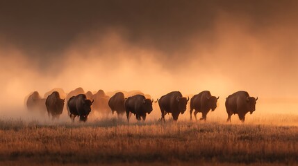 A Majestic Journey: Bison Herd Crossing a Golden Plains Landscape at Sunrise
