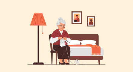 Grandmother Knitting At Home In Cozy Room Illustration With Floor Lamp And Bed