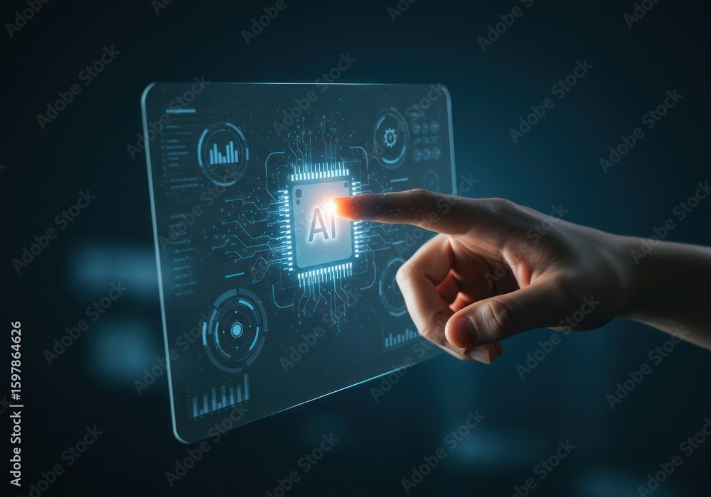 Poster a human finger touching a glowing ai processor on a futuristic virtual interface. concept of artific
