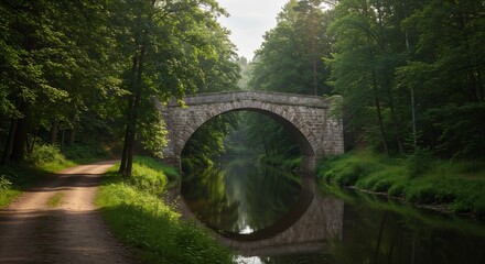 緑深き森道、古橋と静かな水面、神秘的反射光