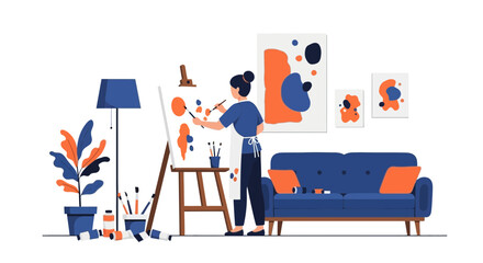 Creative Hobby: A Woman Paints Abstract Art In A Cozy Minimalist Studio