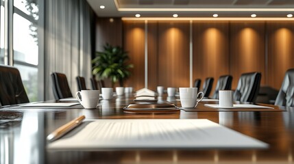 luxurious boardroom table with business documents and coffee cups, serious tone, elegant decor, ultra-realistic finish, balanced lighting, medium close-up