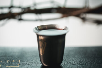 Christianity, holy communion ceremony is sacred act of worship and faith, where bread and wine in...