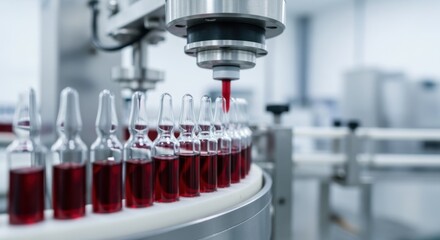 Modern pharmaceutical equipment filling ampoules with red liquid medicine on automated production line at factory, ensuring quality and efficiency in medication manufacturing