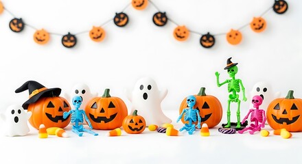 Halloween display with pumpkins ghosts skeletons candy corn and a pumpkin garland on a white background