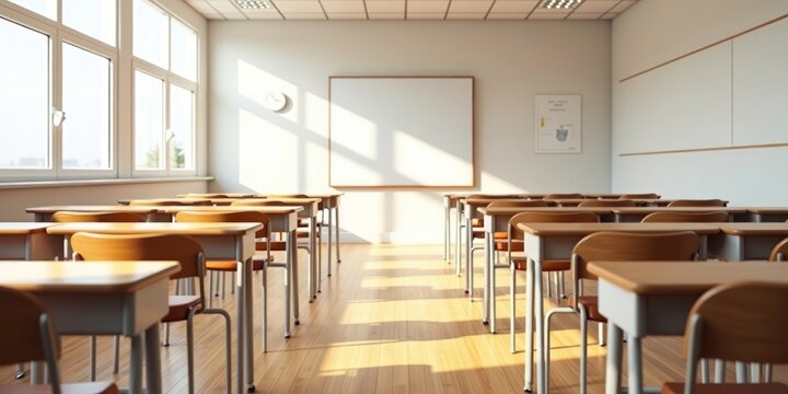 Sunlit interior of a modern school classroom with empty desks and a whiteboard. Concept of education and learning.