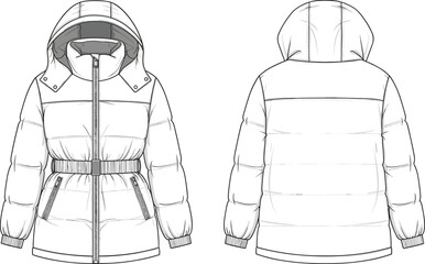 Puffer jacket flat sketch, hooded winter coat front and back view, fashion technical drawing, belted outerwear, padded warm design