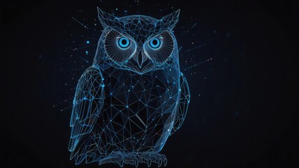 Digital illustration of an owl formed by blue lines and dots on a dark background.