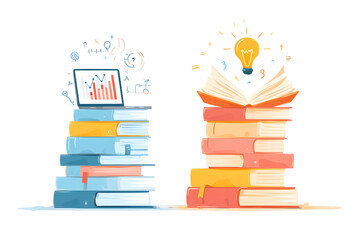 Colorful Illustration of Two Stacks of Books with Laptop and Lightbulb Representing Education and Ideas